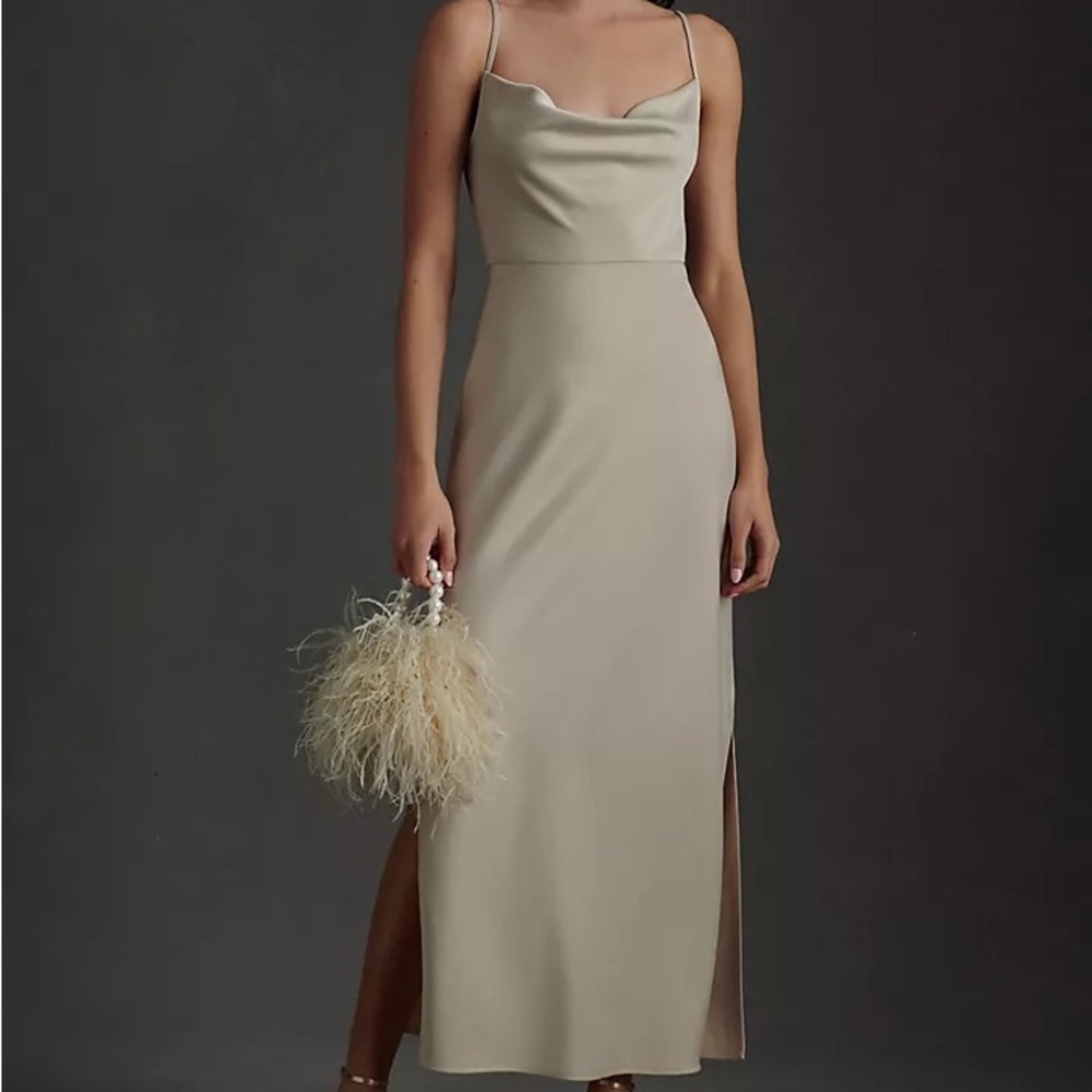 BHLDN Cali Satin Cowl-Neck Midi Slip Dress in CHAMPAGNE